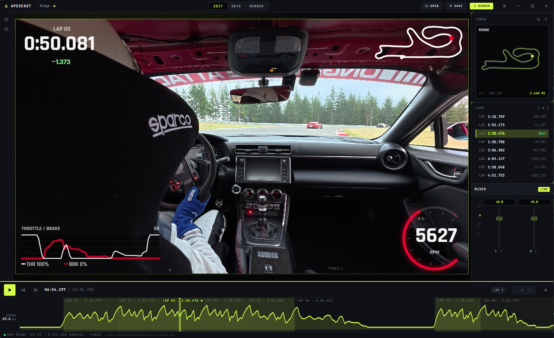 Apexcast editor — telemetry overlay on a Ridge Motorsports Park lap